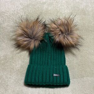 Green Knit Ladies Beanie with Faux Fur Pom Poms